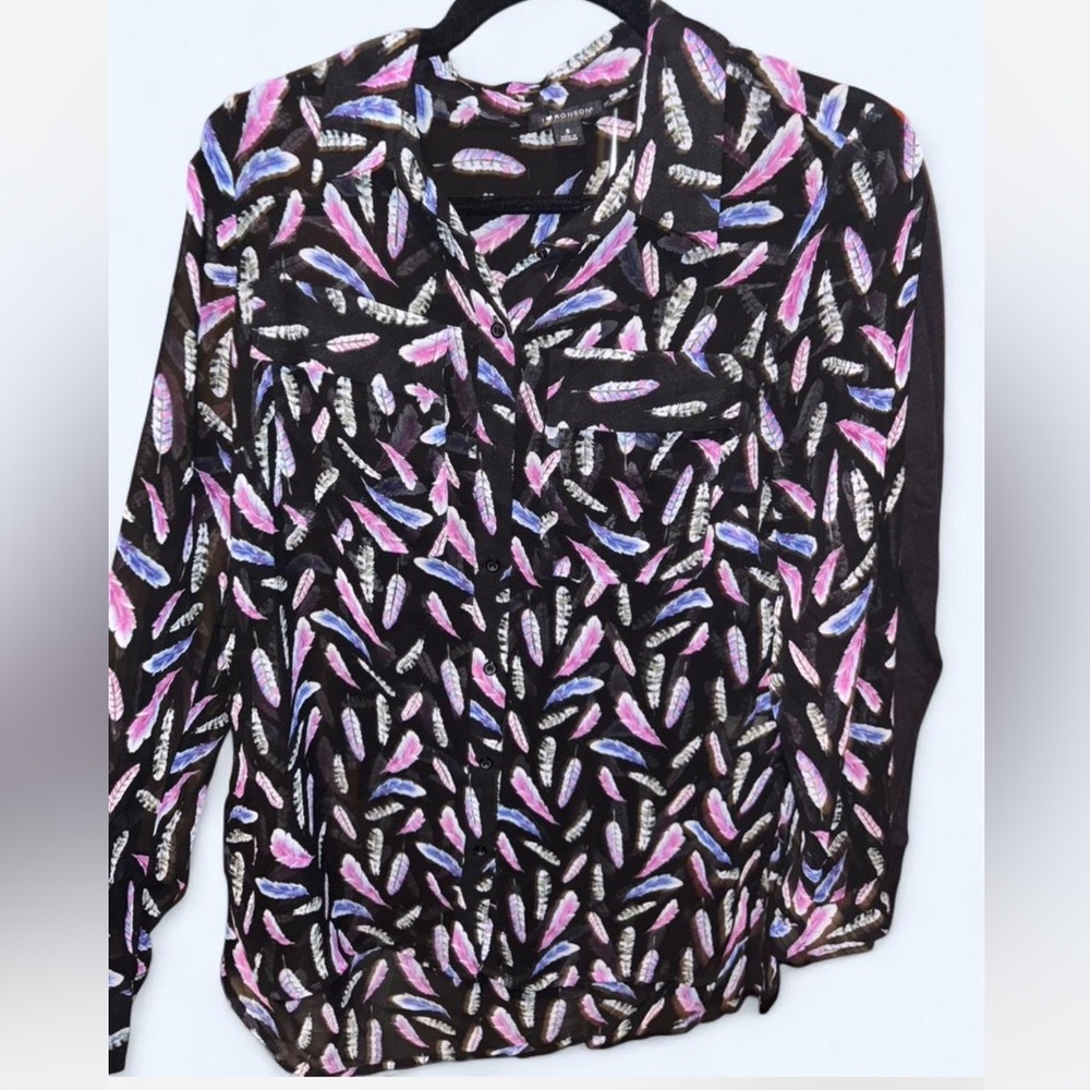 Women's Black and Pink Feather Print Sheer Blouse